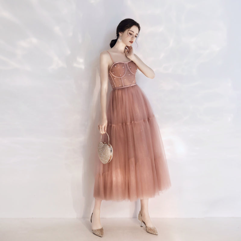 vintage peach bridesmaid dresses Floral Print V-neck Peach Chiffon A-line Bridesmaid Dress
