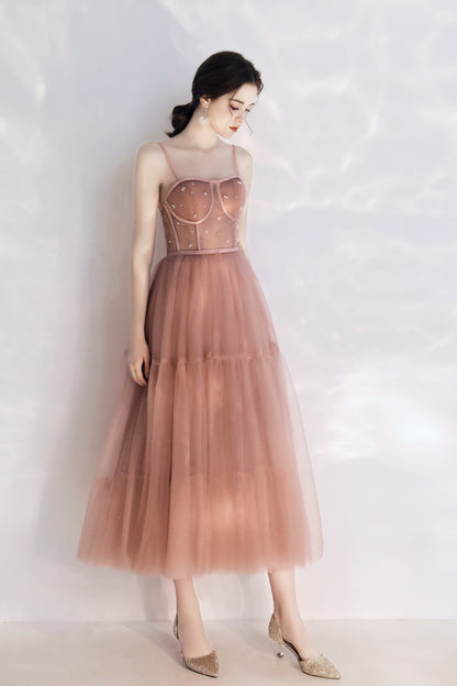 Vintage Peach Pink Tea Length Prom Dress - DollyGown