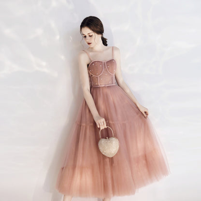 Vintage Peach Pink Tea Length Prom Dress - DollyGown