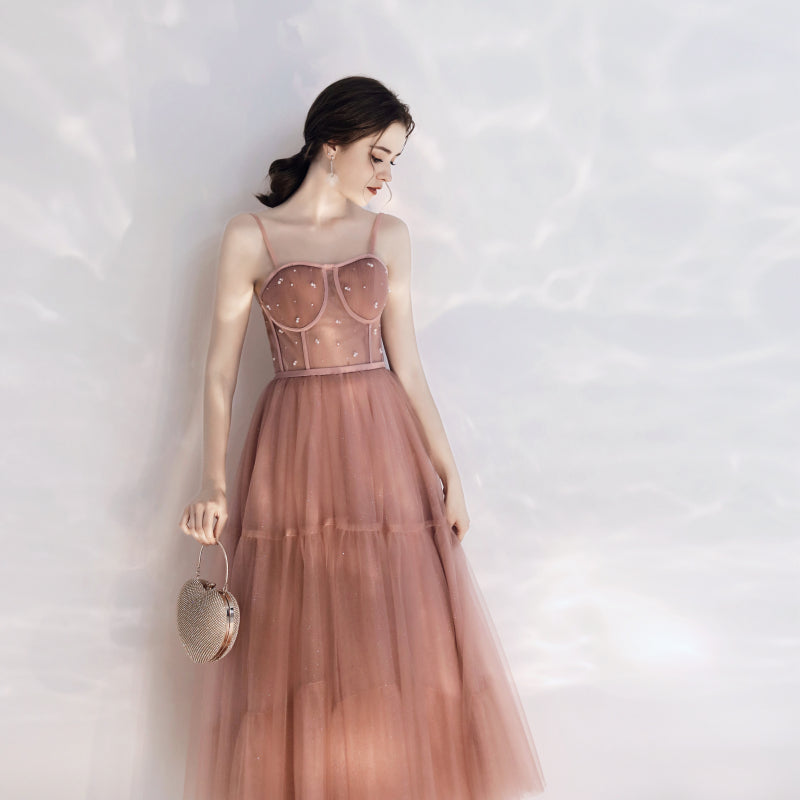 Vintage Peach Pink Tea Length Prom Dress - DollyGown
