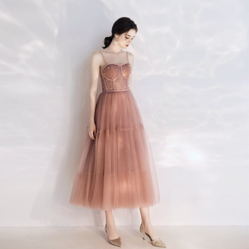 Vintage Peach Pink Tea Length Prom Dress - DollyGown