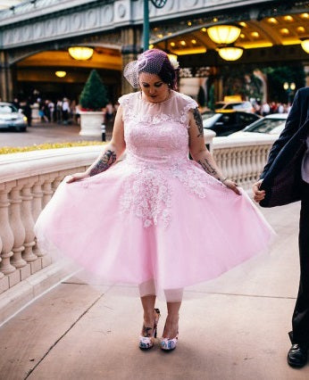 Vintage Pink Lace Appliques Tea Length Wedding Dress,20110634