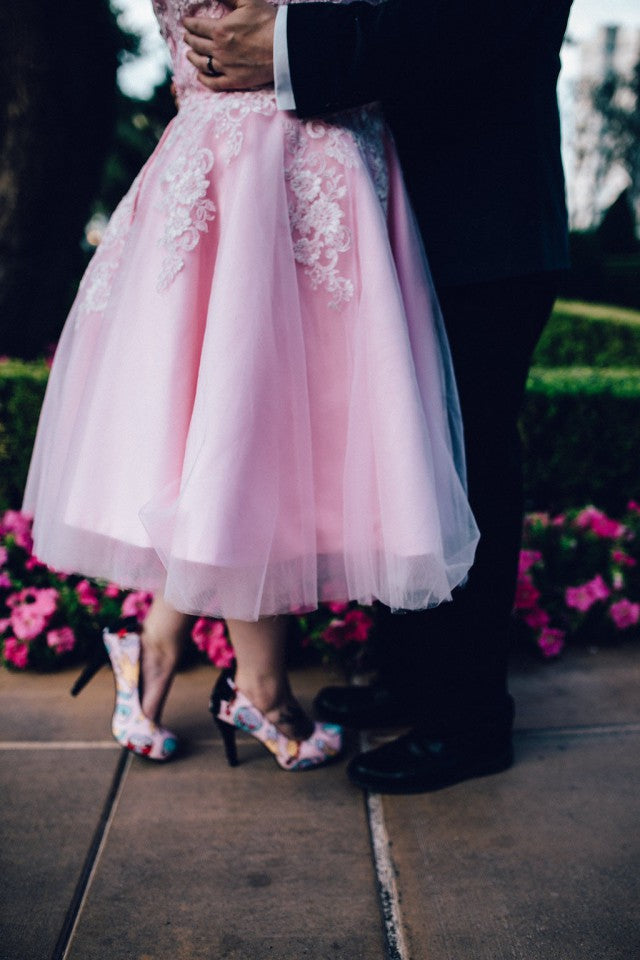 Vintage Pink Lace Appliques Tea Length Wedding Dress,20110634