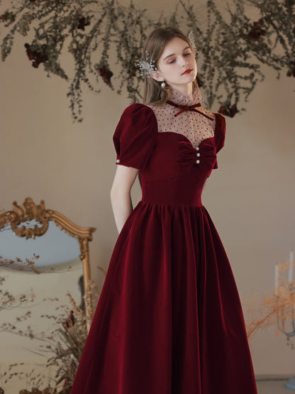 Classy Vintage Princess Burgundy Velvet Long Prom Dress