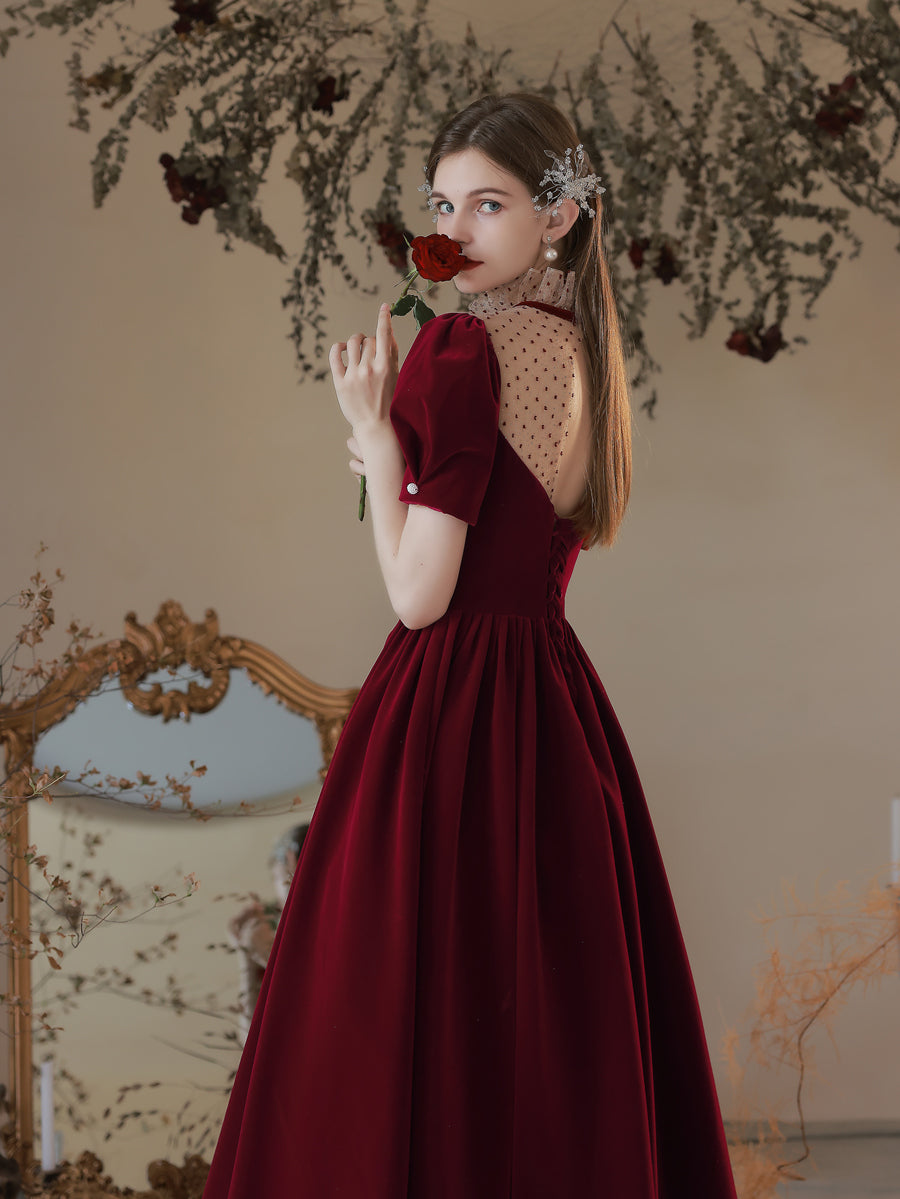 Classy Vintage Princess Burgundy Velvet Long Prom Dress Classy Vintage Princess Burgundy Velvet Long Prom Dress
