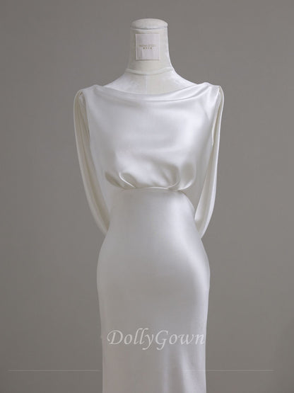 Vintage Sheath Silk Wedding Dress with Long Sleeves - DollyGown