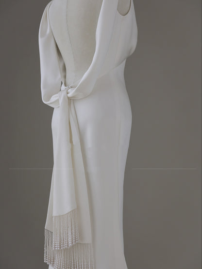 Vintage Sheath Silk Wedding Dress with Long Sleeves - DollyGown