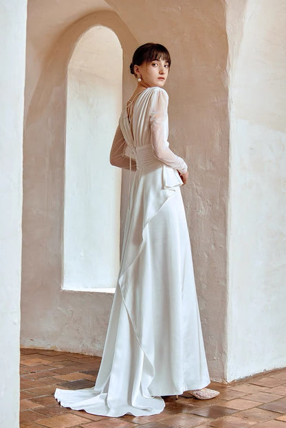 Vintage Silk Wedding Dress with Long Sleeves - DollyGown