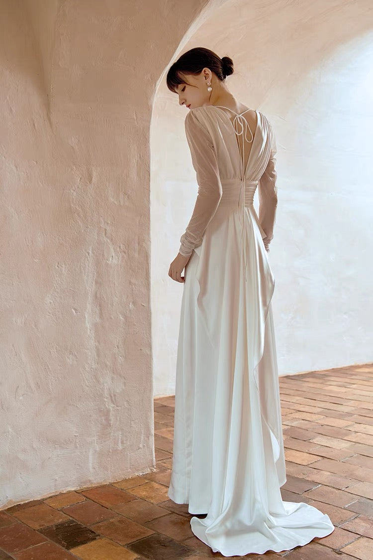 silk wedding dress with sleeves A-Line Long Sleeves Satin Wedding Dresses with V Neck Diamond White / 16