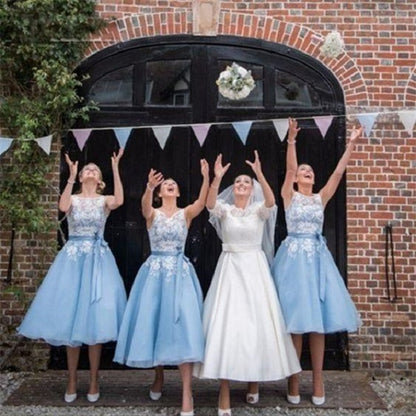 Chic Vintage Style Midi Tea Length Lace Top Blue Bridesmaid Dresses#110504-Dolly Gown