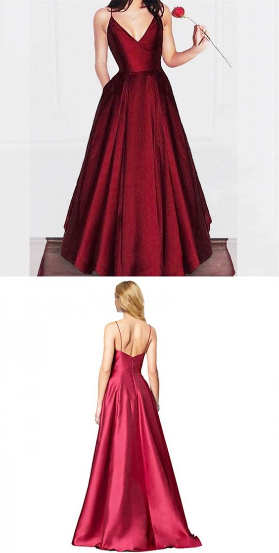 Vintage Burgundy V neck Long A-line Spaghetti Straps Prom Dress Simple Occasion Dress,GDC1339