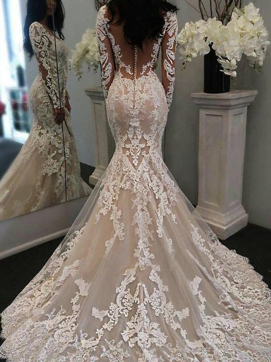 Vintage Inspired Mermaid Lace V-neck Long Sleeve Wedding Dress with Long Sleeves,GDC1097
