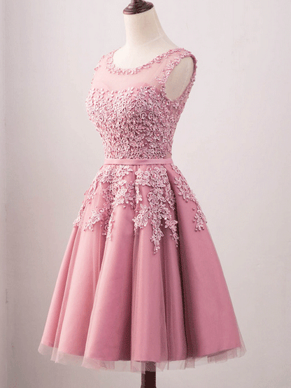 Vintage Jewel Neck Pink Lace Appliques Occasion Dress Modest Short Prom Dress,GDC1313