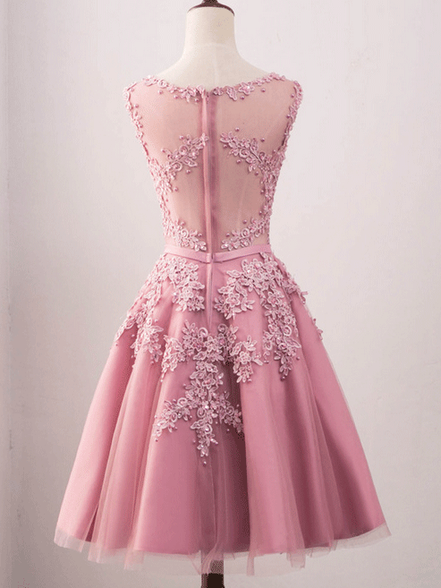 Vintage Jewel Neck Pink Lace Appliques Occasion Dress Modest Short Prom Dress,GDC1313