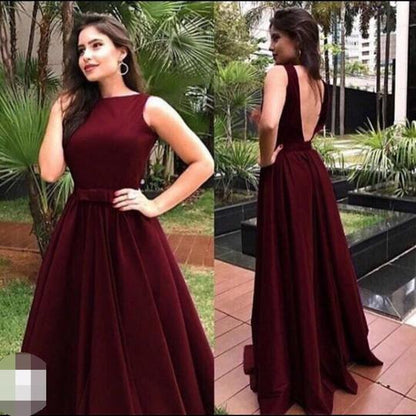 Vintage Maroon Low Back A line Simple High Neck Prom Dress,GDC1206