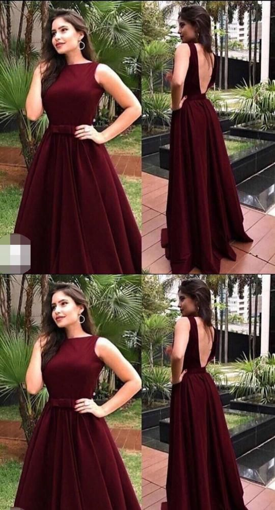 Vintage Maroon Low Back A line Simple High Neck Prom Dress,GDC1206