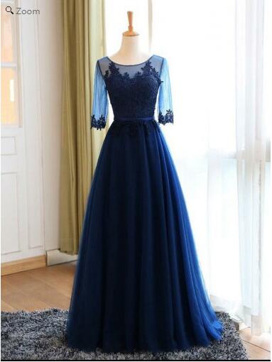 Vintage Navy Blue Jewel Neck Modest Blue Long Sleeve Prom Dress,GDC1143