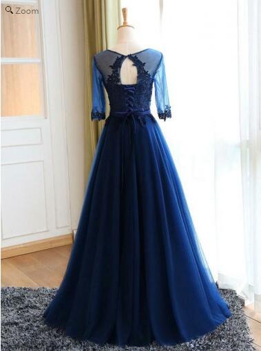 Vintage Navy Blue Jewel Neck Modest Blue Long Sleeve Prom Dress,GDC1143