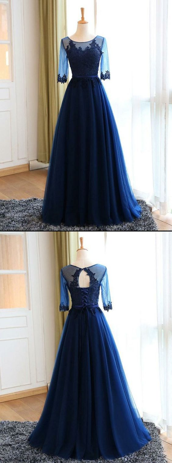 Vintage Navy Blue Jewel Neck Modest Blue Long Sleeve Prom Dress Vintage Navy Blue Jewel Neck Modest Blue Long Sleeve Prom Dress