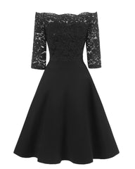 Vintage Short Black Bridesmaid Dresses One Shoulder Lace Prom Dress with Sleeves,1597BL