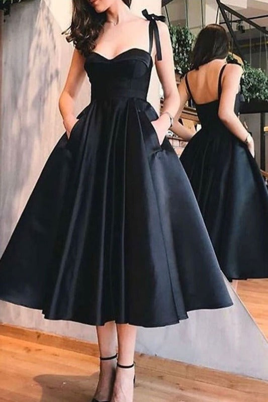 Vintage inspired Tea Length Black 50s Prom Dress with Pockets 50s style Bridesmaid Dress,081619