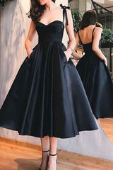 Vintage inspired Tea Length Black 50s Prom Dress with Pockets 50s style Bridesmaid Dress,081619