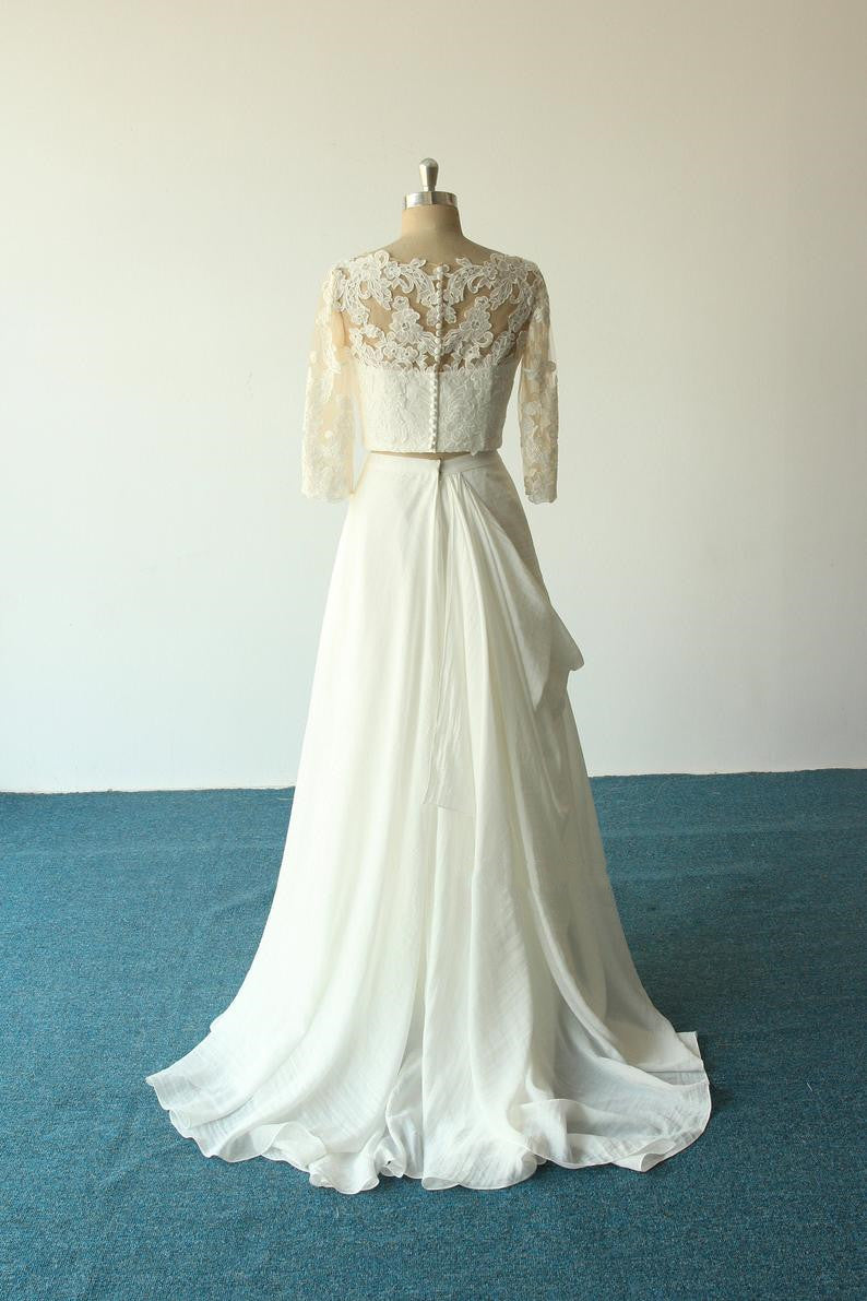 V neck Lace Boho Long Sleeve Two Piece Chiffon Wedding Dress with Long Sleeves,20082228
