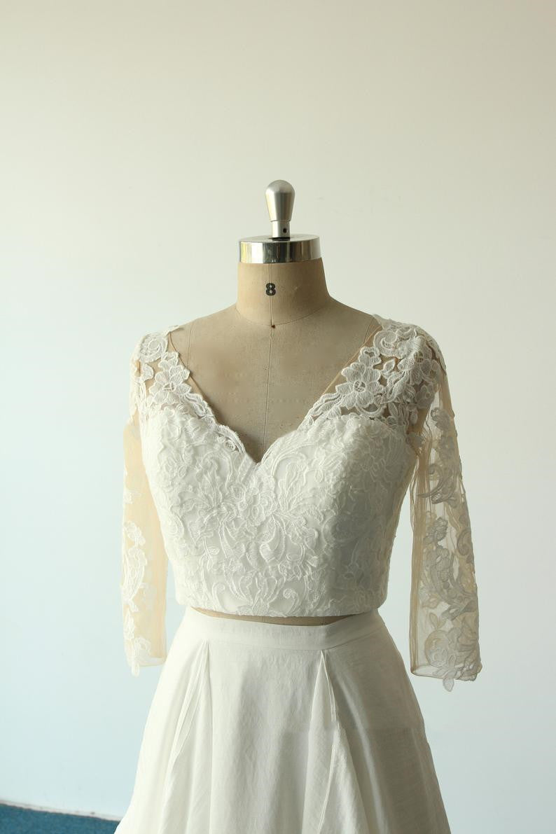 V neck Lace Boho Long Sleeve Two Piece Chiffon Wedding Dress with Long Sleeves,20082228