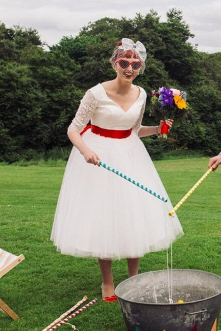 V neck Long Sleeve Tea Length Lace Vintage inspired 1950s Wedding Dress,20101615