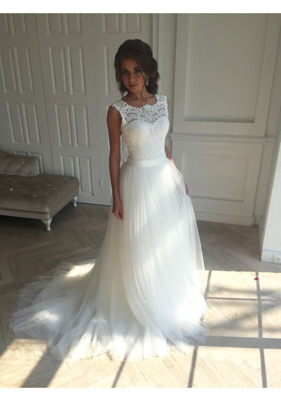 Lace Top Wedding Dress Princess High Neck Wedding Dress with Tulle Skirt,WD004-Dolly Gown
