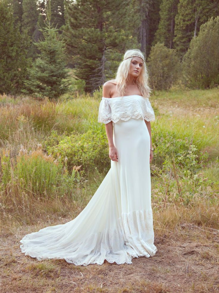 boho off shoulder wedding dress Boho Off The Shoulder Lace Flowers Beach Wedding Dress Wedding Gown US18 / Custom Color