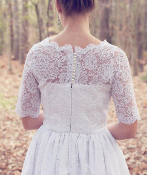 vintage lace dress short Leely Women Vintage Ivory Short Lace Boho Wedding Dress with Sleeves High Neck Bodycon Hen Do Dress