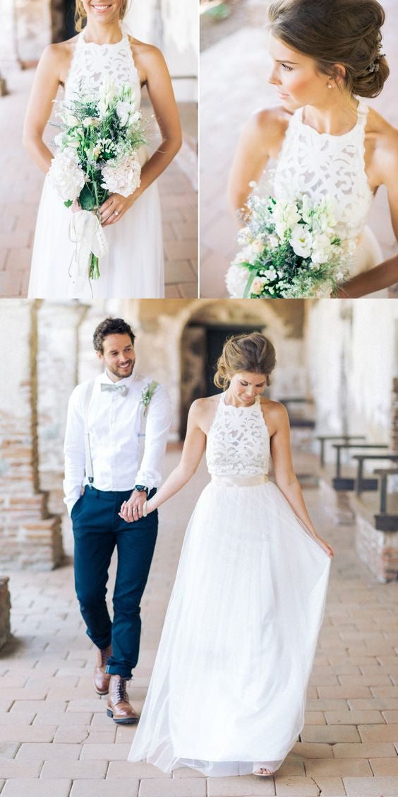 See Through Halter Lace Top Sheer Backless Boho Wedding Dress