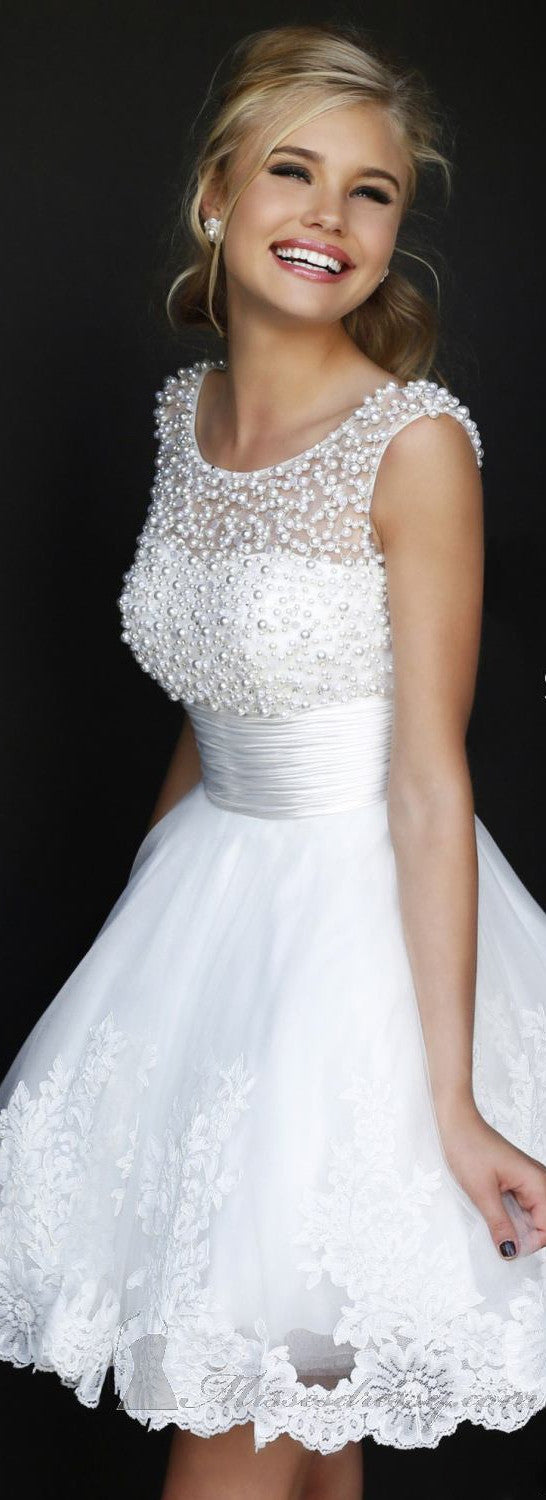 Short White Simple Wedding Dress Decorated with Pearls Bead Top Short White Simple Wedding Dress Decorated with Pearls Bead Top