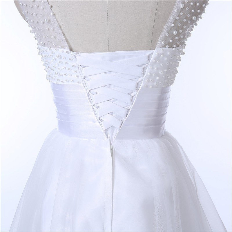 Short White Simple Wedding Dress Decorated with Pearls Bead Top Short White Simple Wedding Dress Decorated with Pearls Bead Top