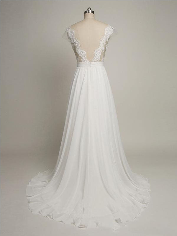 See Through Lace Top A-Line Chiffon Beach Wedding Dress See Through Lace Top A-Line Chiffon Beach Wedding Dress