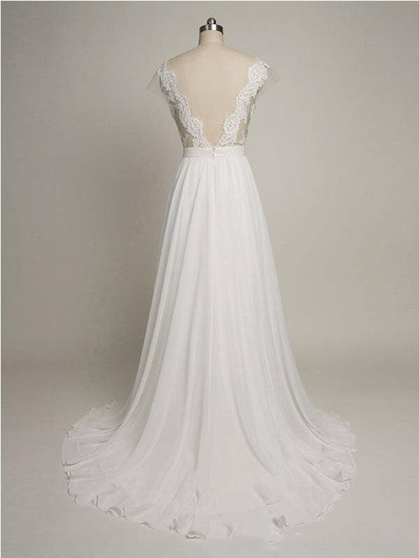 See Through Lace Top Wedding Dress A-Line Chiffon Beach Wedding Dress WS022-Dolly Gown