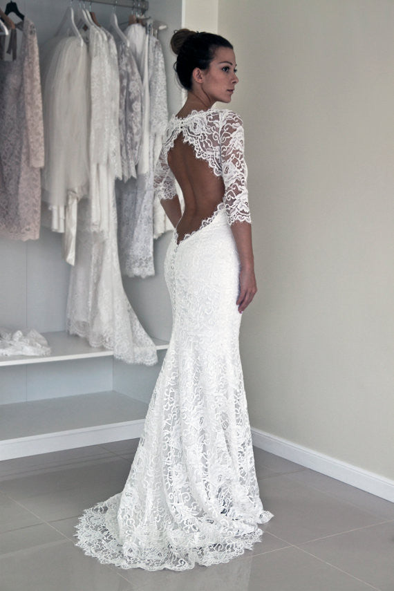 Open Back Wedding Dress with Sleeves Lace Vintage Mermaid Long Wedding Dress WS023-Dolly Gown