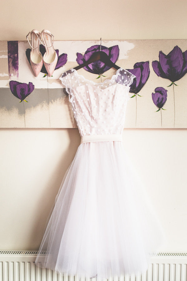 White Polka Dot Wedding Dress Tea Length Wedding Dress 50s Wedding Dress,WS032