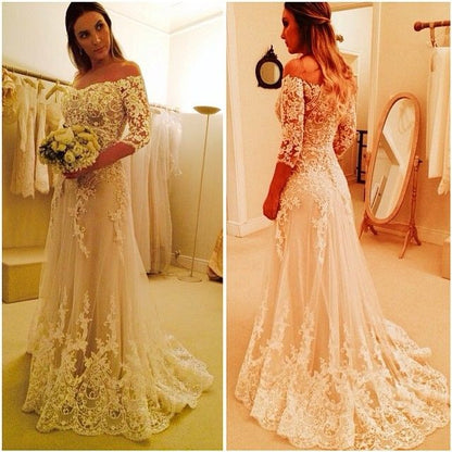 Vintage Lace Off-Shoulder Sheer 3/4 Sleeves Wedding Ball Gown