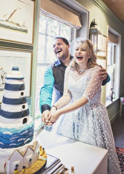 Polka Dot Gowns,Tea Length Wedding Dress,Blue Wedding Dress,Wedding Dress with Sleeves,WS060-Dolly Gown