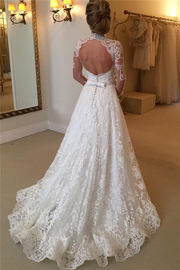 Modest Long Sleeve Wedding Dress Lace Wedding Dress with Sleeves WS065-Dolly Gown