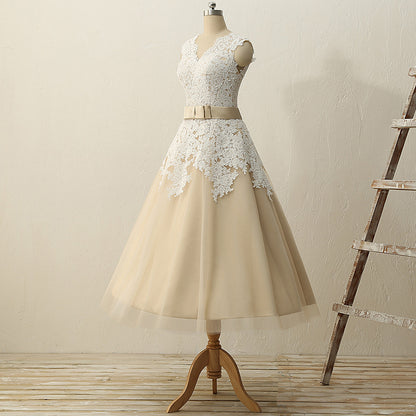 Champagne Tea Length Wedding Dress Tea Length Bridal Gown 50s Style Wedding Dress,WS068-Dolly Gown