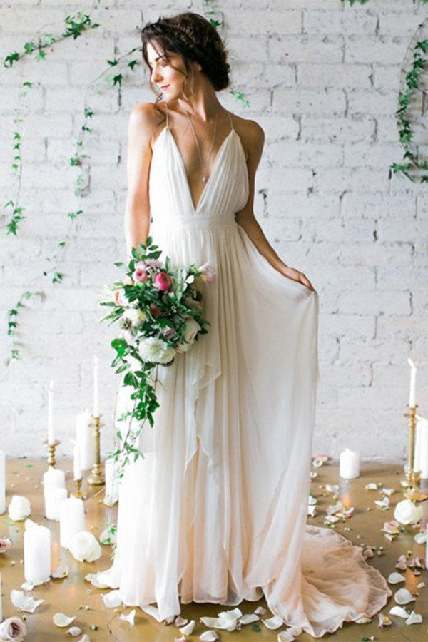 Deep V neck Spaghetti Strap Chiffon Beach Backless Wedding Dress Ivory US