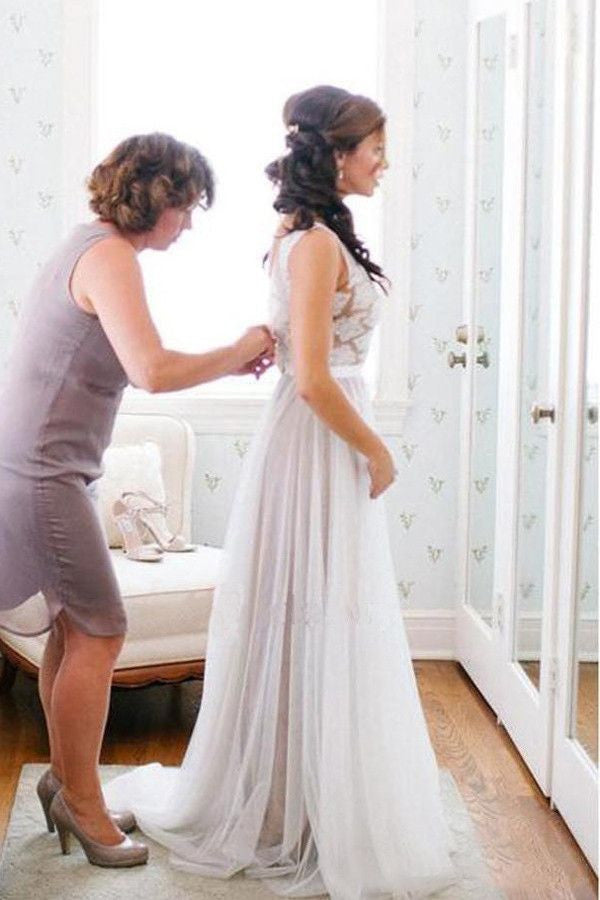 summer beach wedding dress Summer Beach Lace Top Boho Wedding Dress with V Back