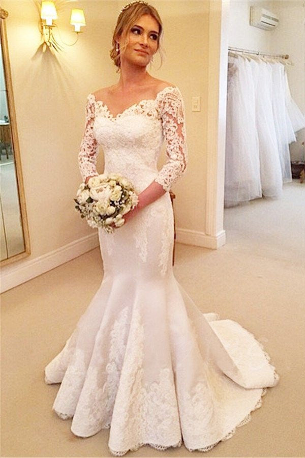Wedding Dress with Sleeves Lace Wedding Dress Mermaid Wedding Dress Open V-neck Wedding Dress WD078