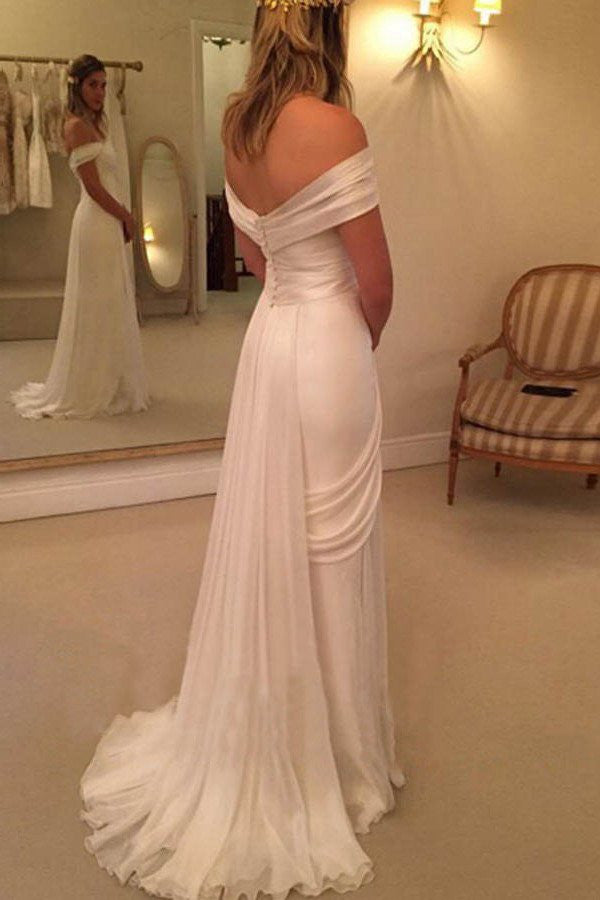 Off Shoulders Wedding Dress with Side Slit Chiffon Bohemian Beach Wedding Dress WS083-Dolly Gown