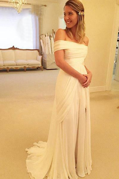 Off Shoulders Wedding Dress with Side Slit Chiffon Bohemian Beach Wedding Dress WS083-Dolly Gown