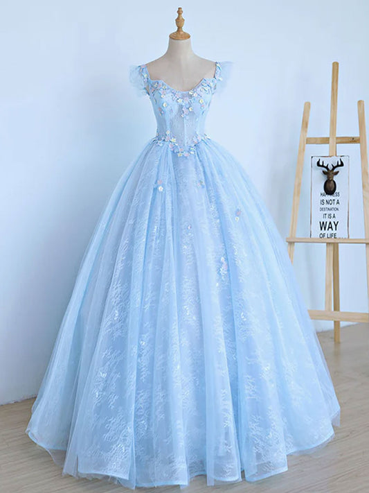 Light Blue Illusion Ball Gown Cap Sleeve Sheer Prom Dress- DollyGown