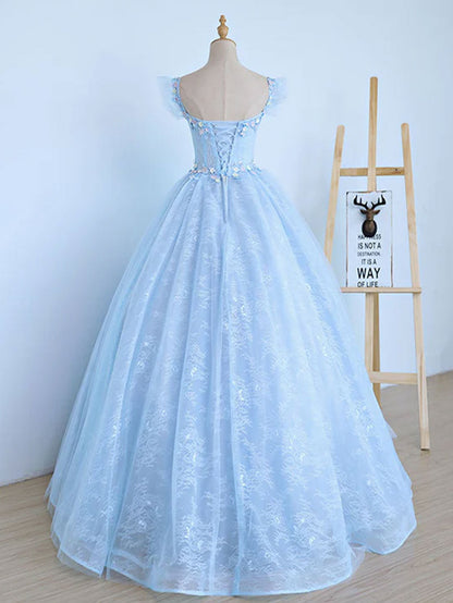 Light Blue Illusion Ball Gown Cap Sleeve Sheer Prom Dress- DollyGown